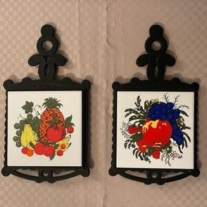 Set of 2 vintage cast iron & tile trivets hot plate wall art fruit & vegetables